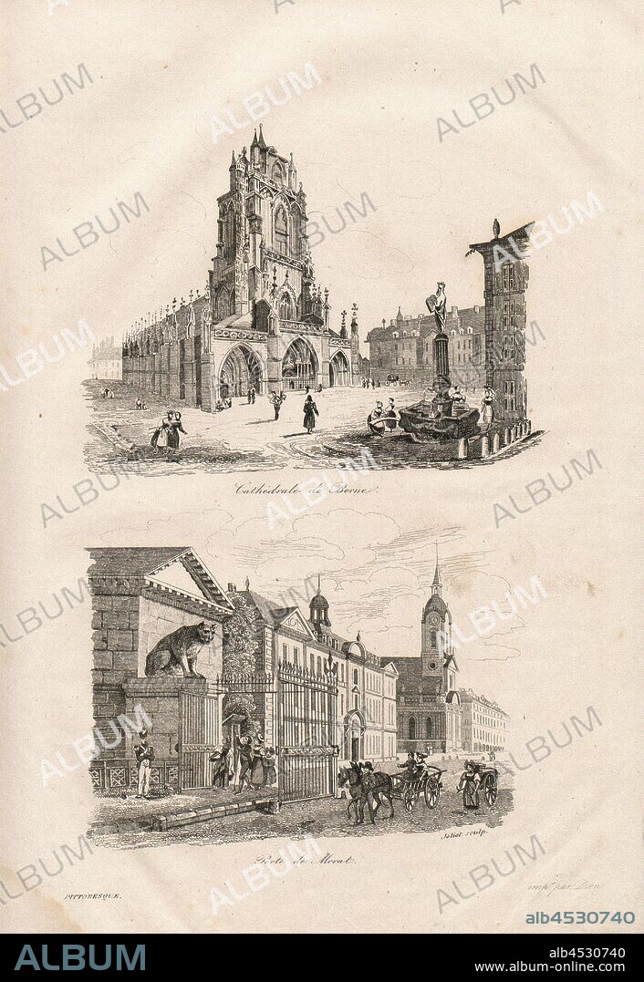 Bern Cathedral - Gate of Murten, Above: Berner Münster; below: Murtentor in Bern, to p. 30, Joliot (sculp.), 1835, Alexandre Martin: La Suisse pittoresque et ses environs. Tableau général, descriptif, historique et statistique des 22 cantons, de la Savoie, d'une partie du Piémont et du pays de Bade. Paris: Hippolyte Souverain, 1835.