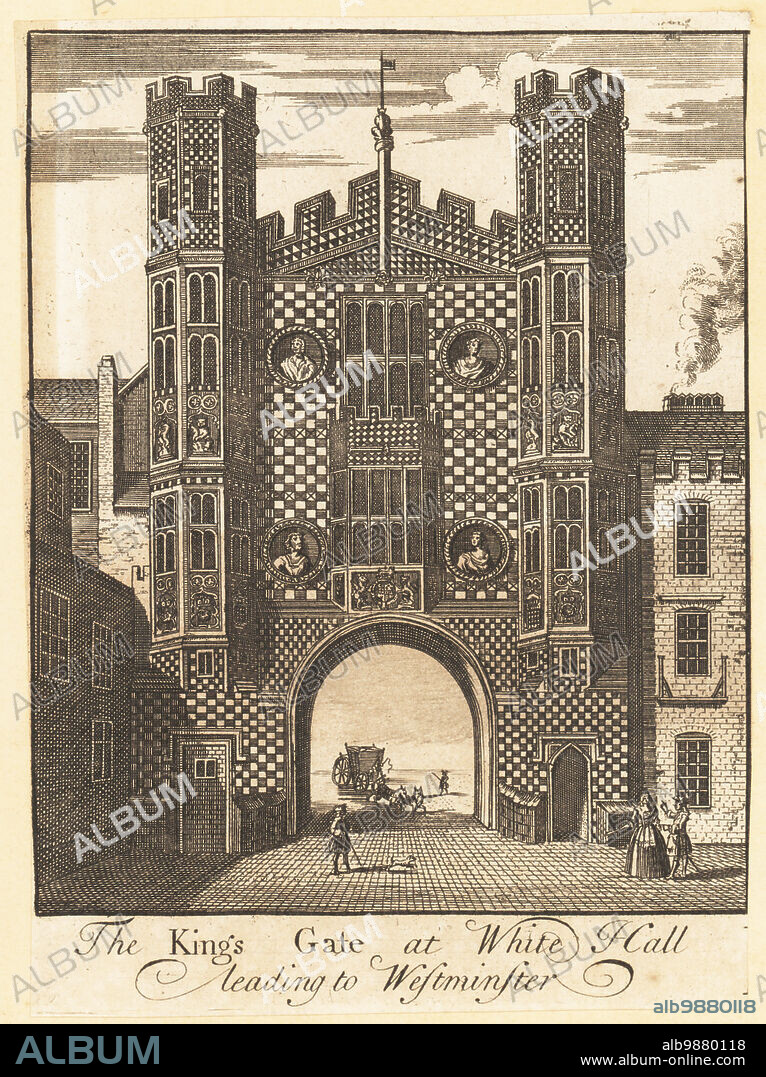 The King's Gate, Holbein Gate or Cockpit Gate at Whitehall leading to Westminster. English Gothic style gate with crenellations and medallions built by King Henry VIII in 1531, demolished in the mid-18th century. Walls finished with chequerboard pattern of flint and stone, decorative carved panels, royal coat of arms, gryphons holding shields, portcullis, fleur-de-lys and Tudor roses. A carriage approaching the arched entrance, several figures in the foreground. Copperplate engraving by an unknown artist published in London, circa 1720.