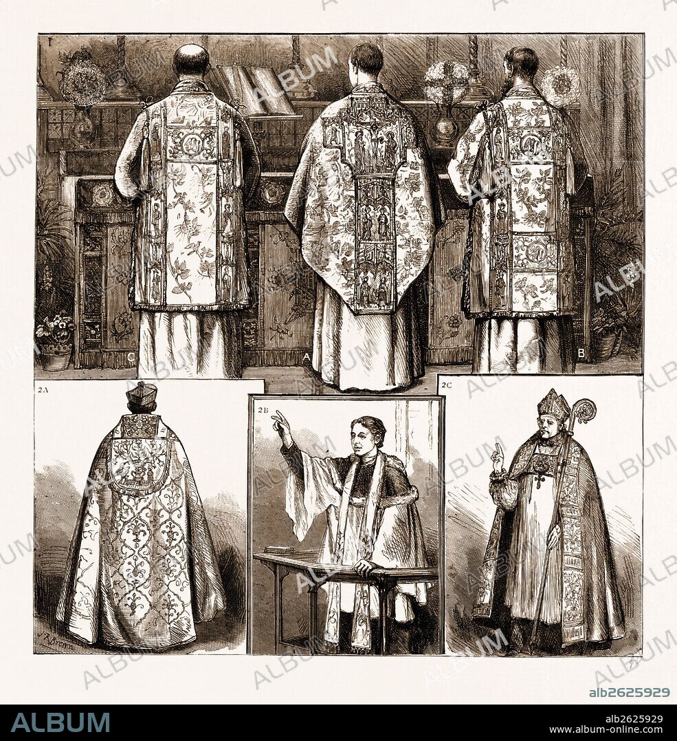 ADVANCED RITUAL IN THE CHURCH OF ENGLAND, UK, 1881: 1. THE PROSCRIBED VESTMENTS: A, The Chasuble; B, The Dalmatic; C, The Tunicle. 2. THE PRESCRIBED VESTMENTS: A, Priest in Cope and Biretta; B, Priest in Surplice, Hood, and Stole; C, Bishop in Full Canonicals.