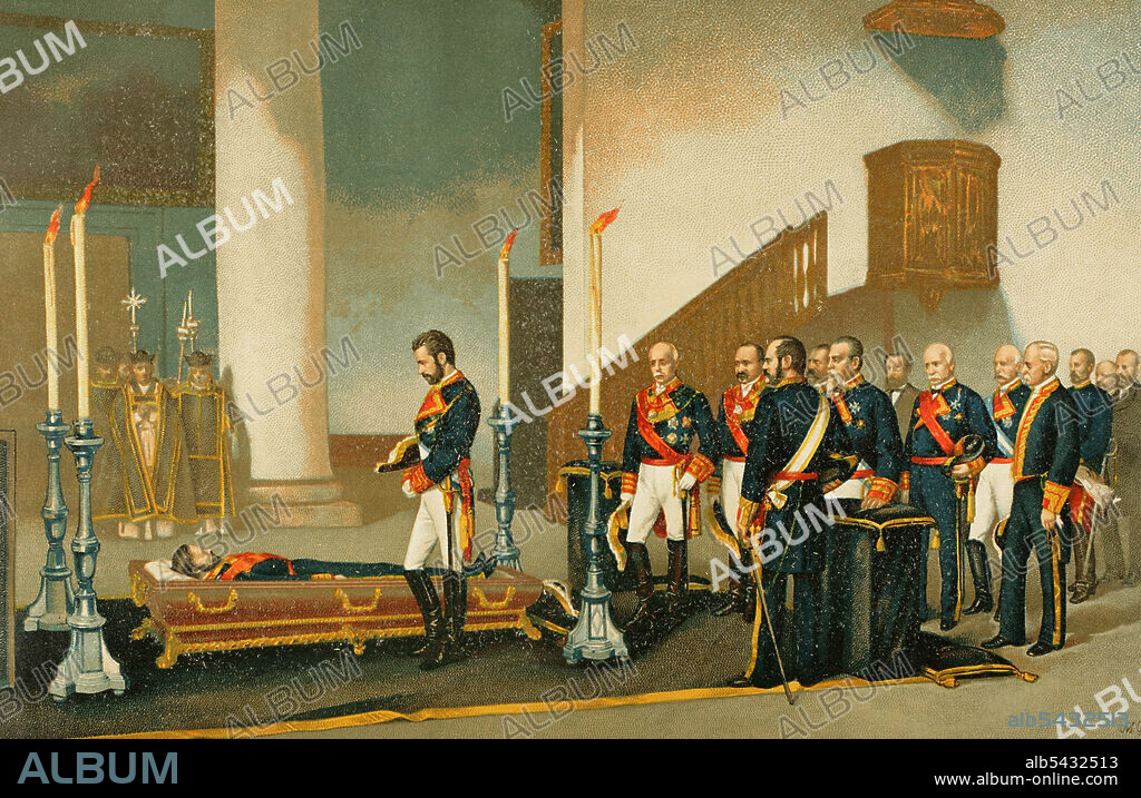 El rey Amadeo I de España (1845-1890) visitando el cadáver del General Prim (1814-1870). Escena del monarca en la basílica de Atocha (Madrid) para velar el féretro de Prim, el 2 de enero de 1871, asesinado en un atentado el 27 de diciembre de 1870. Detrás del rey aparece el general Serrano, así como otras autoridades políticas y militares españolas. Copia del cuadro de Antonio Gisbert. Cromolitografía. Historia General de España, por Miguel Morayta. Tomo VIII. Madrid, 1894.