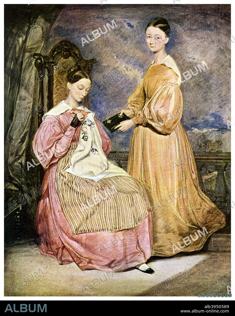 Florence Nightingale, British nurse and hospital reformer, c1836 (1956). Seated beside her sister, Frances Parthenope, Lady Verney. Florence Nightingale (1820-1910) made her reputation by her organisation of nursing service during the Crimean War. Thereafter she worked tirelessly to improve public health nursing at St Thomas's Hospital in London. From the National Portrait Gallery, London. A print from 'People, a volume about the origin and early history of many things, common and less common, essential and inessential', by Readers Union The Grosvenor Press, London, 1956.