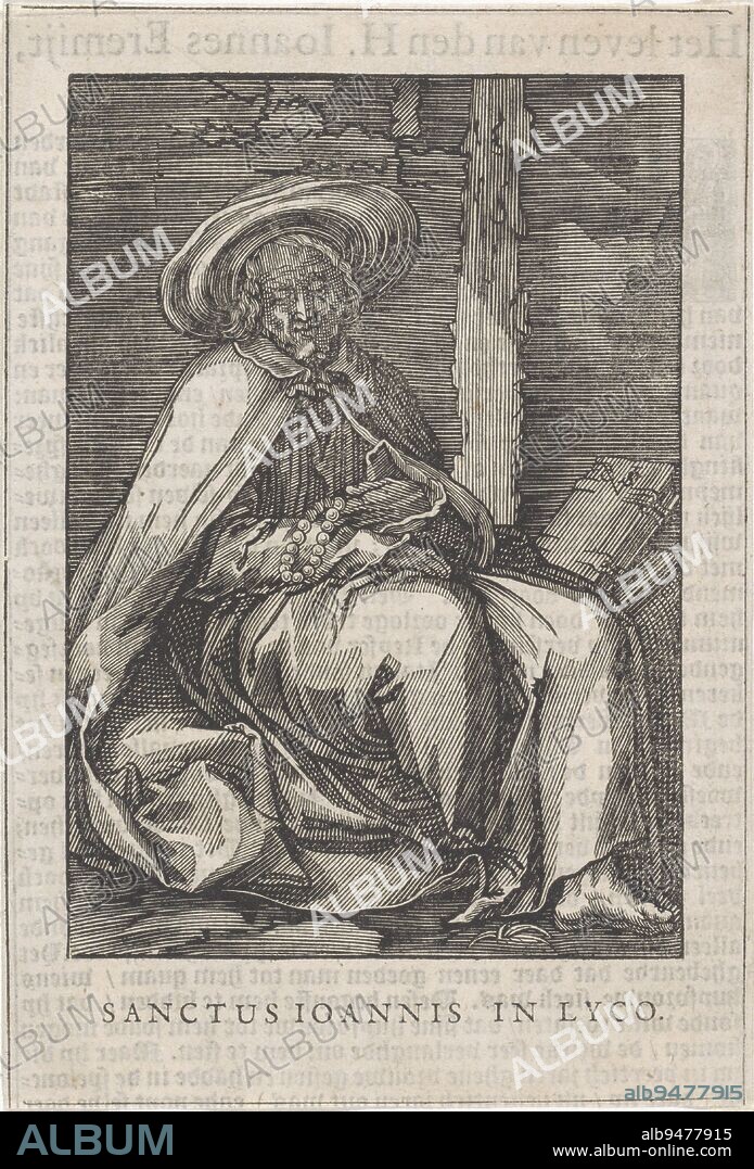 Saint John of Lycopolis as a hermit Sanctus Ioannis in Lyco , print maker: Christoffel van Sichem (II), Abraham Bloemaert, publisher: Pieter Jacobsz. Paets, Amsterdam, 1644, paper, letterpress printing, h 153 mm × w 105 mm.