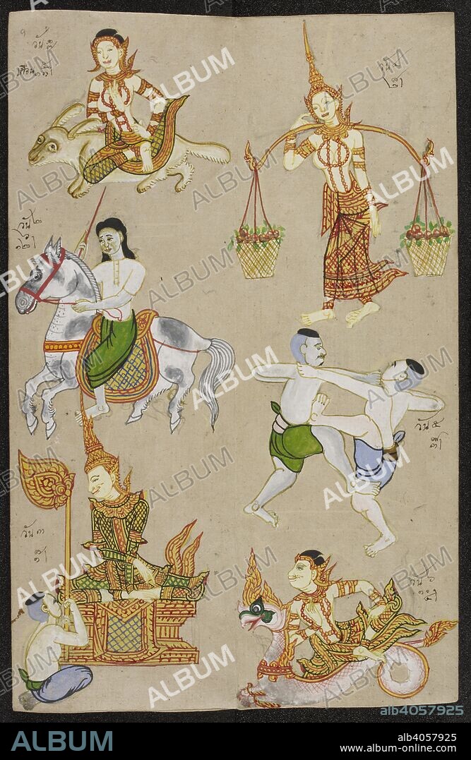 ANON. Drawings based on the Chinese zodiac. Phrommachat. 1885. Drawings based on the Chinese zodiac, which relates each lunar month to the animals of the 12-year-cycle and their reputed attributes (earth, wood, fire, iron, water) as well as a male or female avatar (yin-yang), a plant and a number diagram. Also includes descriptions of lucky and unlucky combinations of couples and how to use the match making method of the "entwined Naga". Explanation of the method of calculating the right directions for building a new house using the "rotating Naga", explanation of lucky and unlucky shpaes of land plots. Used as a manual for fortune telling and divination. Illustrations in water colour and ink. Physical Description Materials: Paper folding book (samut khoi). Dimensions: 340 mm x 110 mm. Source: Or. 3593 f.9. Language: Thai.