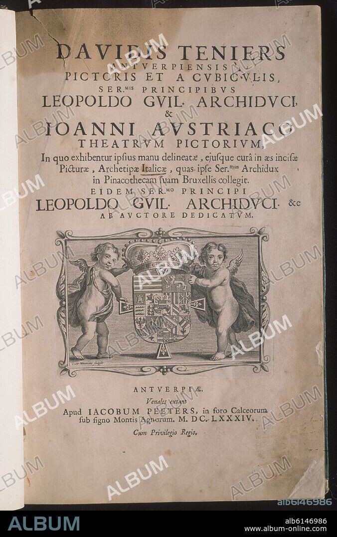 DAVID TENIERS THE YOUNGER. PORTADA DEL THEATRUM PICTORIUM EN LATIN 2ªEDICION 1684.
