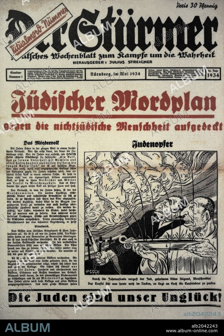 "Der Stürmer" (El Atacante). Periódico antisemita nazi, fundado y editado por Julius Streicher, en la ciudad de Nuremberg, el cual circuló entre 1923 y 1945. La circulación de 2,00-3,00 copias en 1923 se elevó considerablemente hasta 1944, llegando a casi. 400,00 copias. Titulares:. "Plan de asesinato contra el judío". Ejemplar de 1934.