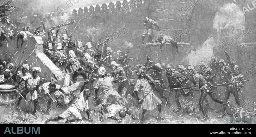 'The Indian Mutiny, 1857-58: The Storming of the Cashmir Gate, Delhi, September 14, 1857', (1901). Episode during the British colonial period. The capture of the city of Delhi from the mutineers was vital to the British due to its symbolic importance as the seat of India's Mughal rulers. Here we see fierce fighting at the Kashmiri Gate, the northern gate in the city walls. From "The Illustrated London News Record of the Glorious Reign of Queen Victoria 1837-1901: The Life and Accession of King Edward VII. and the Life of Queen Alexandra". [London, 1901].