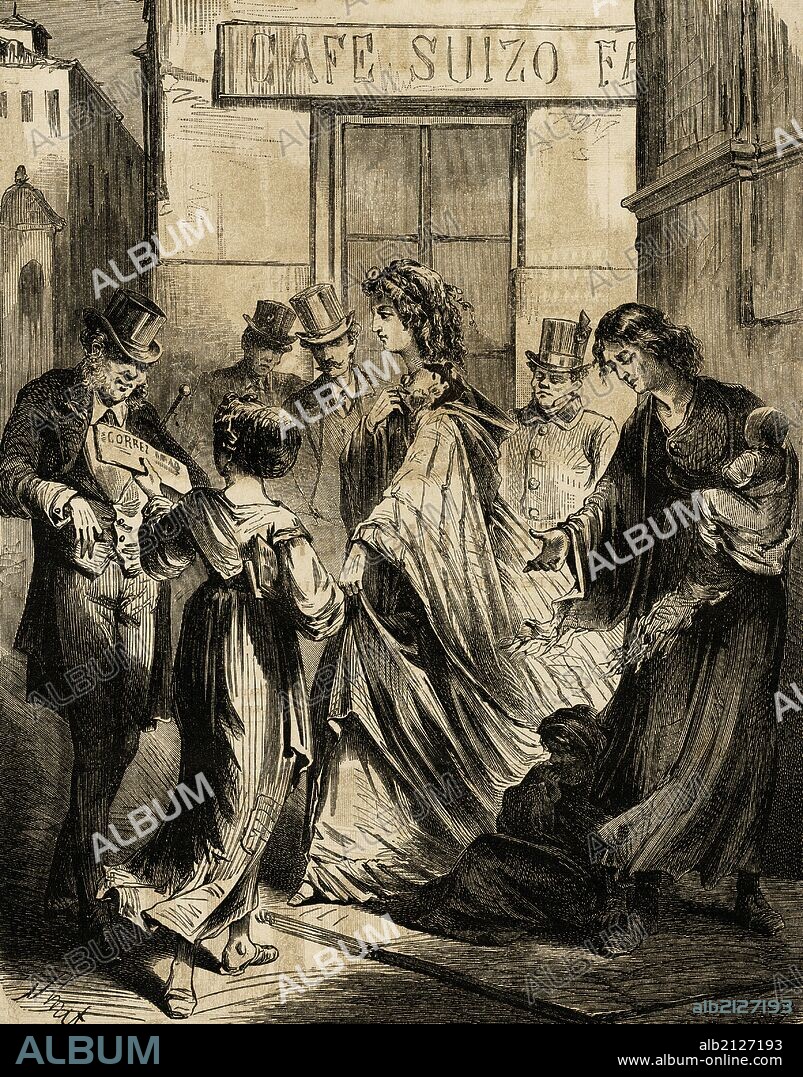 SOCIEDAD SIGLO XIX. ESPAÑA. MADRID. "LA ESQUINA DE LA CALLE DE LOS PELIGROS". Grabado de "La Ilustración Española y Americana", año 1870.