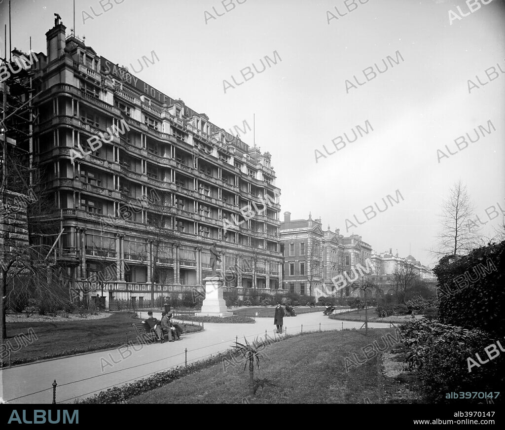 The Savoy Hotel, adjoining the Savoy Theatre, London, 1893. It was the idea of Richard d'Oyly Carte, designed by TE Collcutt and opened in 1889. The facade consists of tiers of balconies.