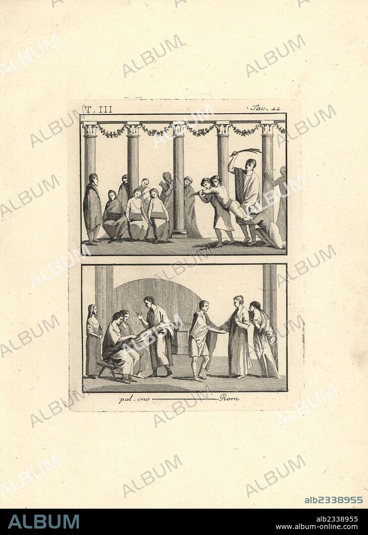 Scene at a school, with a philosopher or grammarian punishing a student, and prostitutes and clients at a portico such as the temple of Minerva Sciras. Copperplate engraving by Tommaso Piroli from his Antiquities of Herculaneum (Antichita di Ercolano), Rome, 1790.
