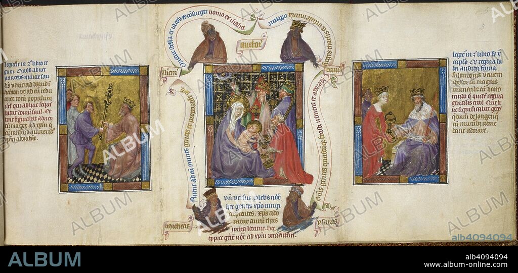 Abner visiting King David; the Adoration of the Magi; the Queen of Sheba presenting gifts to Solomon. . Biblia Pauperum. c 1395-1400. A picture Bible including a series of images of the life of Christ with Old Testament prefigurations, with three miniatures on every recto. Each miniature of the Christological cycle is accompanied by bust-length portraits of apostles and prophets holding scrolls and corresponds to typological miniatures. Source: Kings 5 f.3. Language: Latin.