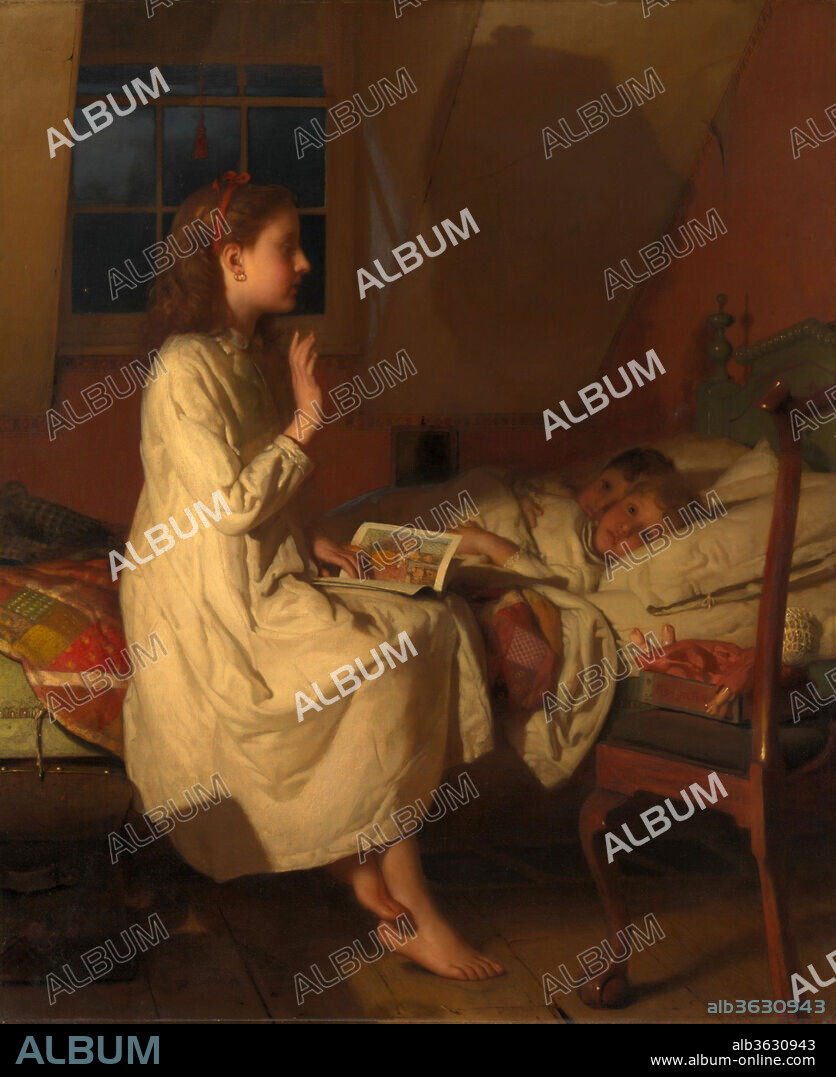 Story of Golden Locks. Artist: Seymour Joseph Guy (1824-1910). Dimensions: 34 x 28 in. (86.4 x 71.1 cm). Date: ca. 1870.
While little known today, the English-born Guy was celebrated in his lifetime for his charming and technically accomplished genre paintings of childhood. In this work, the artist depicts his own children reading a version of "Goldilocks and the Three Bears." The young girl's menacing bear-like shadow and the boys' wide eyes suggest that they have reached the story's frightening climax. In addition to the didactic message of the fairy tale--warning children not to wander from home--Guy presents his adolescent daughter on the verge of change, turning away from childhood games and assuming a more adult, maternal role.