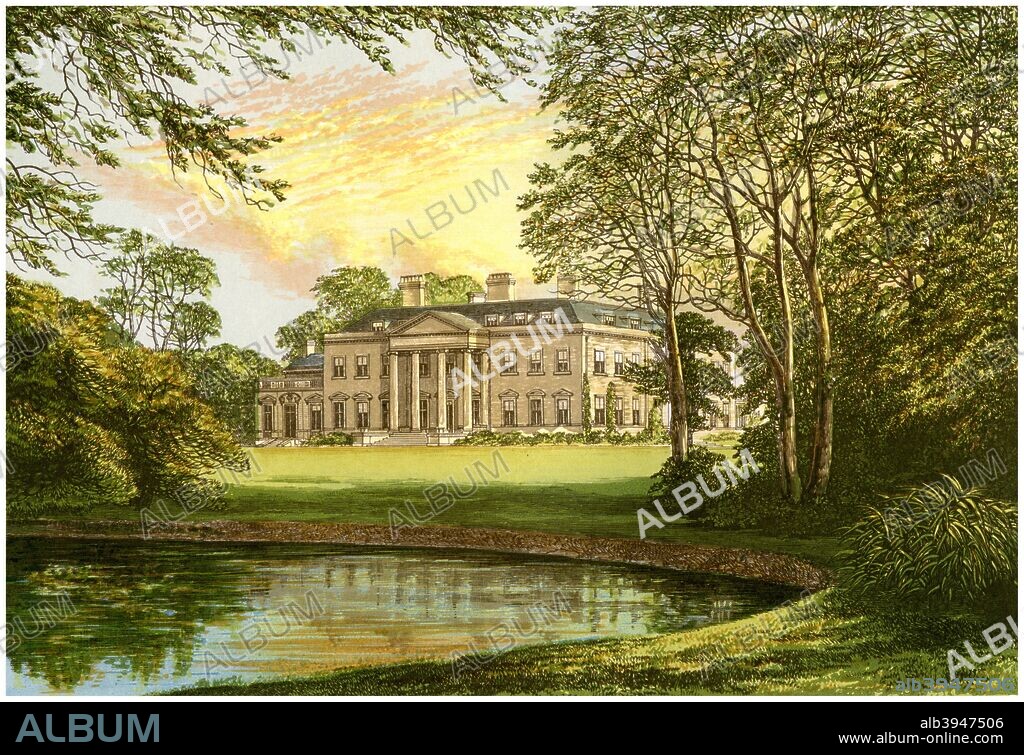 Broadlands, Hampshire, home of the Cowper-Temple family, c1880. The Palladian mansion was designed by Capability Brown and Henry Holland. The house was later the home of Earl Mountbatten of Burma. A print from A Series of Picturesque Views of Seats of the Noblemen and Gentlemen of Great Britain and Ireland, edited by Reverend FO Morris, Volume I, William Mackenzie, London, c1880. Wood-engraved plates after paintings by Benjamin Fawcett and Alexander Francis Lydon.