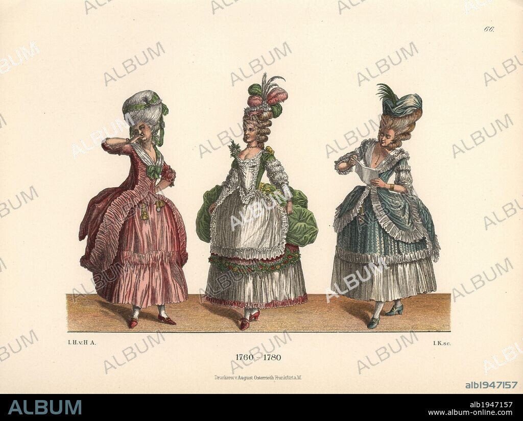 Women's fashions from the late 18th century from prints of the era. Woman in a pink dress a la Polonaise, woman in green ball gown with plumed headdress, and woman reading a letter in frock a la Polonaise. Chromolithograph from Hefner-Alteneck's "Costumes, Artworks and Appliances from the Middle Ages to the 18th Century," Frankfurt, 1889. Illustration by Dr. Jakob Heinrich von Hefner-Alteneck, lithographed by Joh. Klipphahn, and published by Heinrich Keller. Dr. Hefner-Alteneck (1811 - 1903) was a German museum curator, archaeologist, art historian, illustrator and etcher.