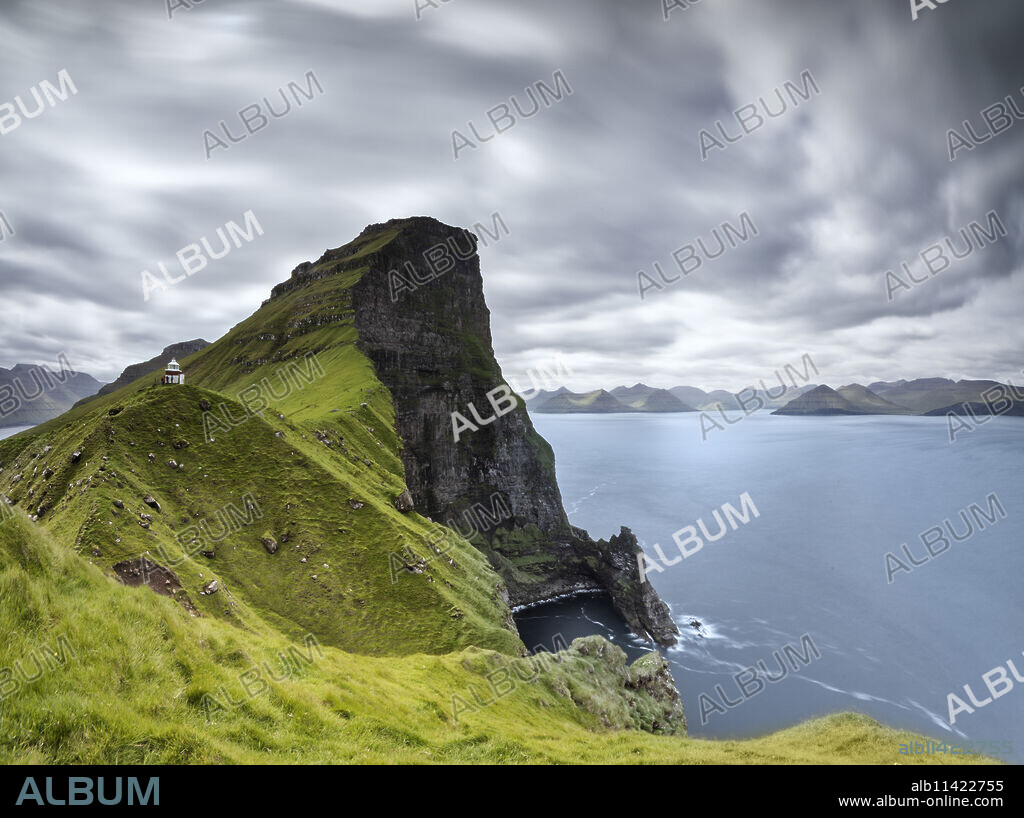 Panoramic of Kallur Lighthouse on cliffs, Kalsoy Island, Faroe Islands, Denmark, Europe.