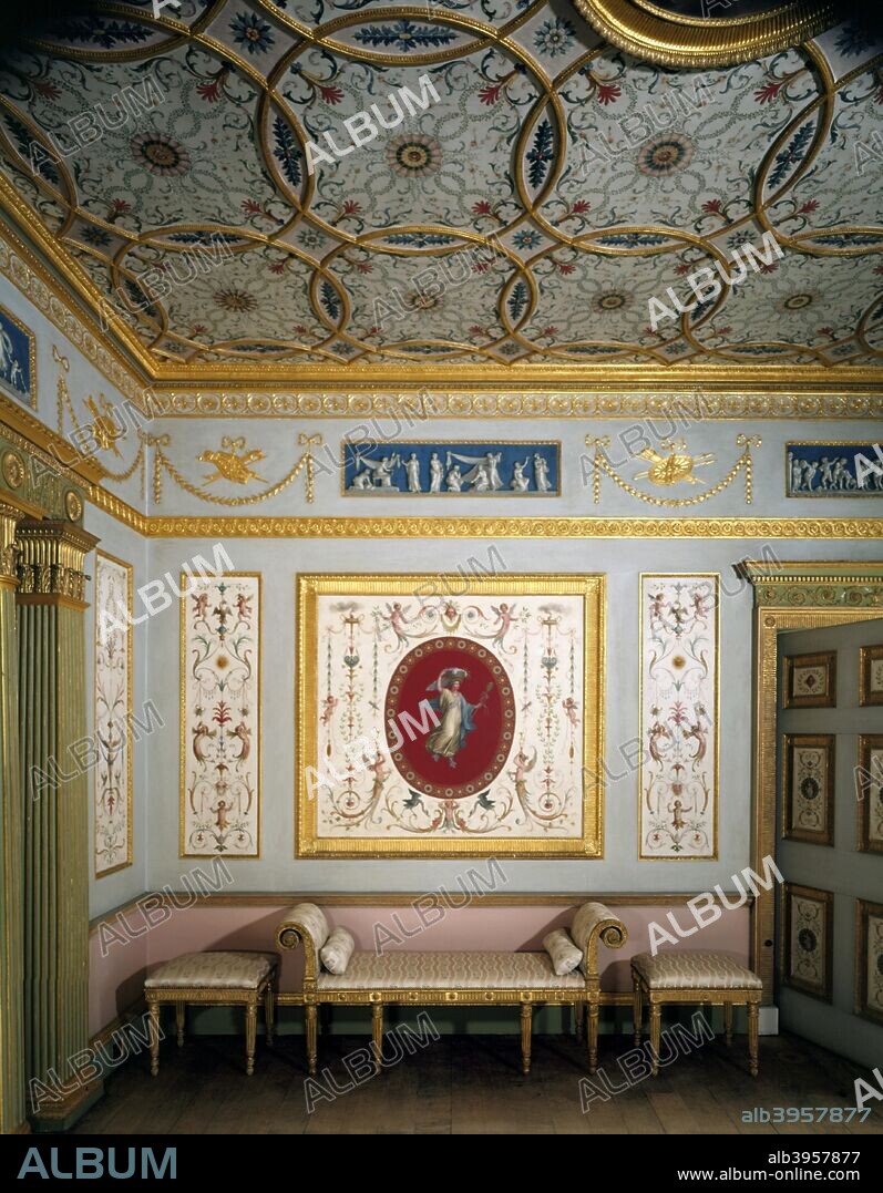 The Little Drawing Room at Audley End House, Saffron Walden, Essex, 1996. Room with ornate gilt plasterwork; it was designed by Robert Adam in 1764 and decorated by Biagio Rebecca.