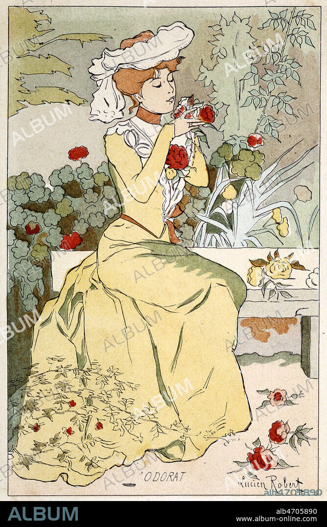 L'ODORAT : Femme dans un jardin respirant l'odeur des roses, serie Les 5 sens, carte postale illustree par Lucien ROBERT, vers 1895-1900. Credit IM/Kharbine Tapabor.