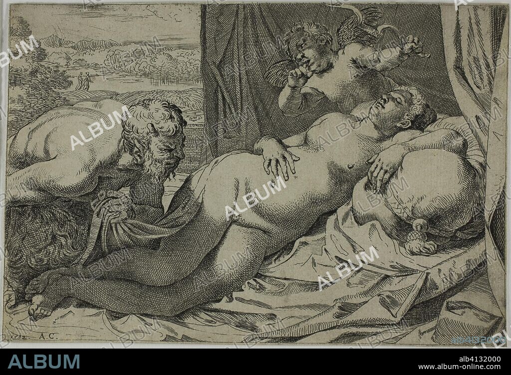 Venus and Satyr. Annibale Carracci; Italian, 1560-1609. Date: 1592. Dimensions: 151 x 222 mm (image/sheet, cut within plate mark). Engraving with etching and plate tone on ivory laid paper. Origin: Italy.