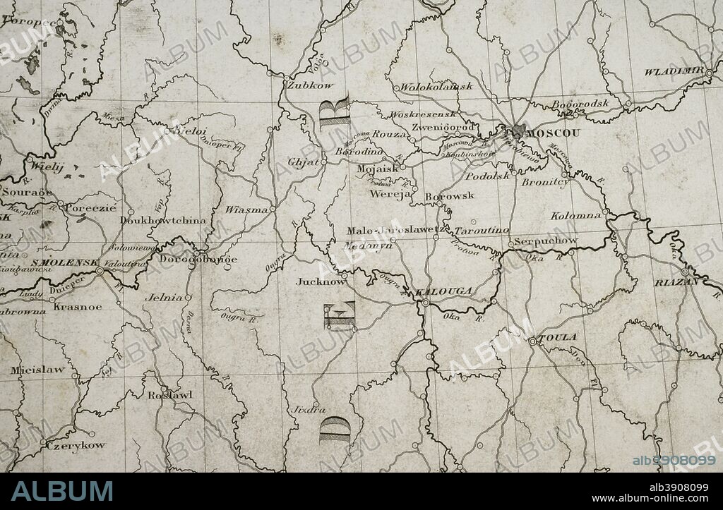 Napoleonic map. Russia. Area of Moscow. Atlas de l'Histoire du Consulat et de l'Empire. History of the Consulate and the Empire of France under Napoleon by Marie Joseph Louis Adolphe Thiers (1797-1877). Drawings by Dufour, engravings by Dyonnet. Edited in Paris, 1864.