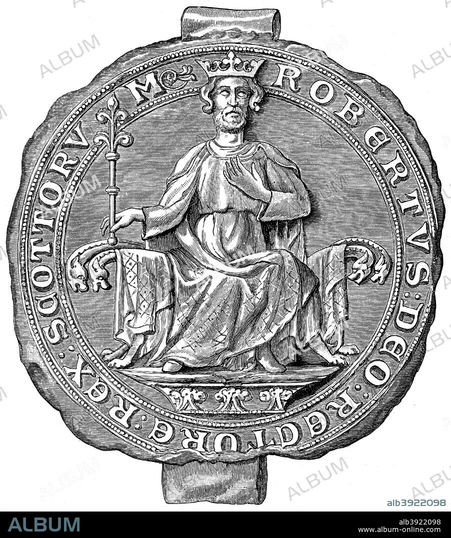 Seal of Robert the Bruce, King of Scotland, 14th century (1892). Robert I ruled Scotland from 1306 until 1329. An illustration from A Short History of the English People, by John Richard Green, illustrated edition, Volume I, Macmillan and Co, London, New York, 1892.