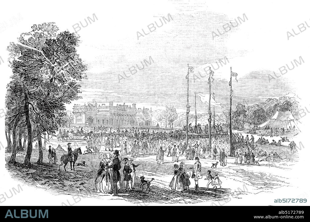 Rustic sports in the Park - north view of Harewood House, 1845. Celebrations at Harewood House near Leeds in Yorkshire. 'The events which gave rise to the Festival were the Coming of Age, and Marriage, of Lord Viscount Lascelles, the eldest son of the present Earl of Harewood...The juvenile company adjourned to the lawn opposite the north front, where the boys amused the girls by playing at football, bobbing for apples in water, diving for silver in flour, dancing, &c., until dark; when they returned home, and were amused in their way in the village with fire balloons and fireworks'. From "Illustrated London News", 1845, Vol VII.
