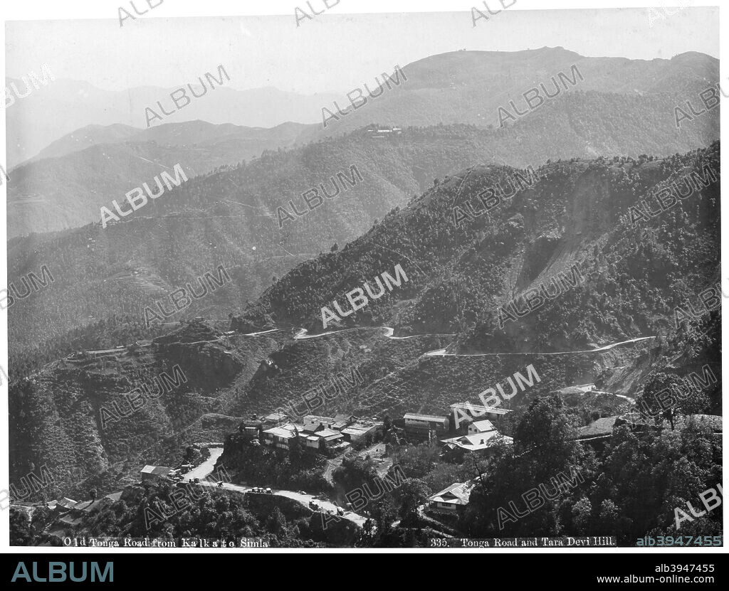 Old Tonga road from Kalka to Simla, India, early 20th century. Tonga road and Tara Devi Hill.