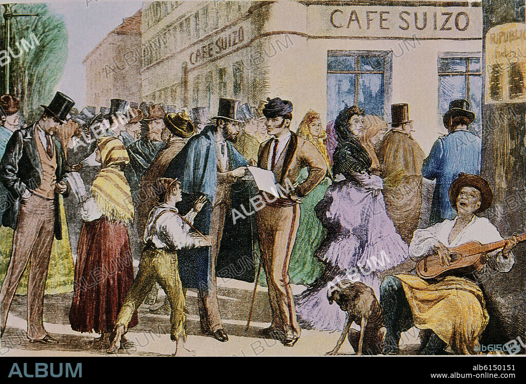 ESQUINA DEL CAFE SUIZO EN MADRID EN 1870 -CALLE ALCALA ESQUINA PELIGROS-GRABADO COSTUMBRISTA S XIX-ROMANTICISMO ESPAÑOL.