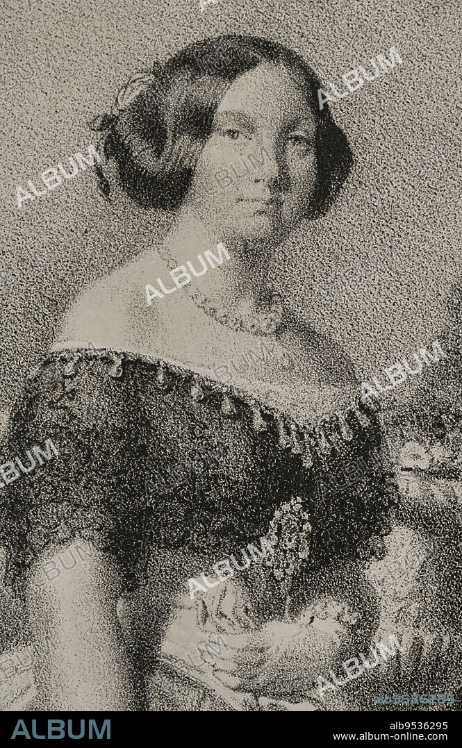 JOSÉ VALLEJO (1821-1882). SPANISH ILLUSTRATOR. JULIO DONÓN. SPANISH ARTIST ACTIVE FROM 1840 TO 1880.. Isabella II of Spain (1830-1904). Queen of Spain from 1833 o 1868. Portrait. Drawing by J. Vallejo. Lithography by J. Donón. Detail. "Reyes Contemporáneos". Volume I. Published in Madrid, 1855.