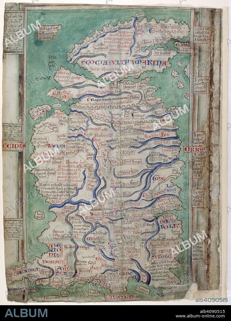MATTHEW PARIS. Map of Great Britain. Abbreviatio chronicorum Angliae. England (St Albans), 1250-1259. Source: Cotton Claudius D. VI, f.12v.