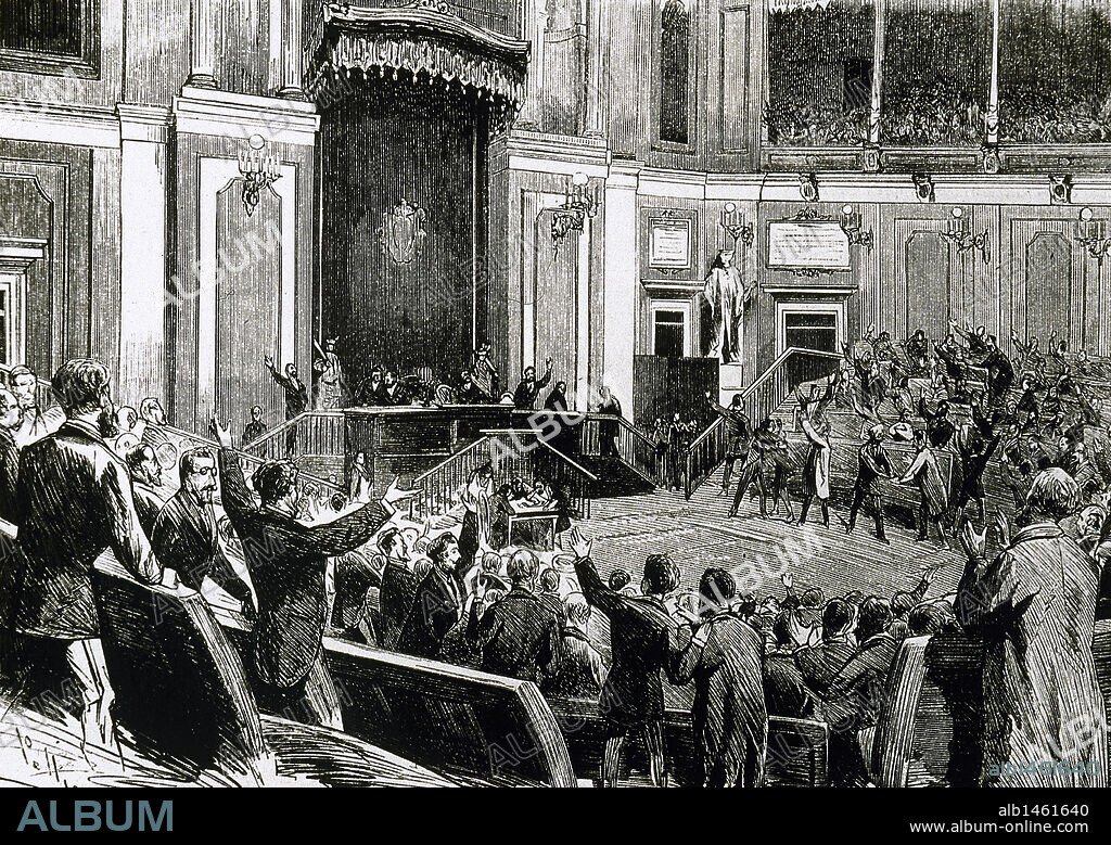 I REPUBLICA ESPAÑOLA (1873-1874). "PROCLAMACION DE LA REPUBLICA POR LA ASAMBLEA NACIONAL" (11 de febrero de 1873). La Ilustración Española y Americana (16-2-1873) .