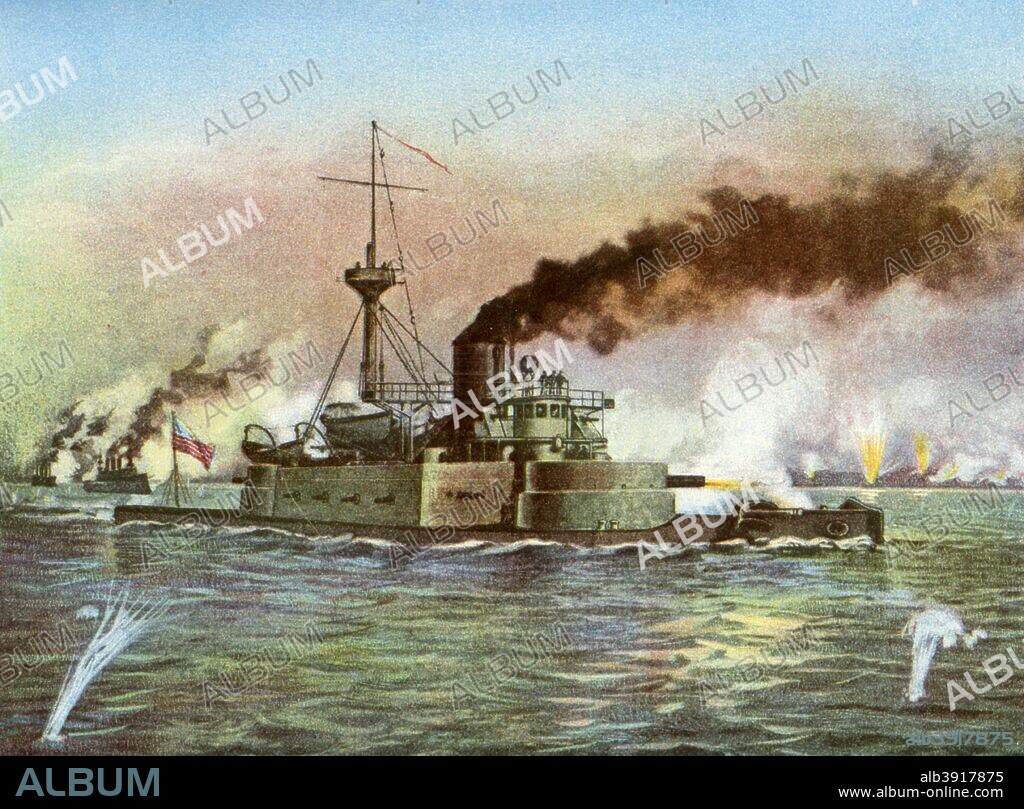 'The 'Puritan' at Matanzas', 1898. The US Navy monitor USS 'Puritan' during the bombardment of the Cuban coastal city of Matanzas early in the Spanish-American War. A print from Our Country in War and Relations with All Nations, by Murat Halstead, The United Subscription Book Publishers of America, 1898.