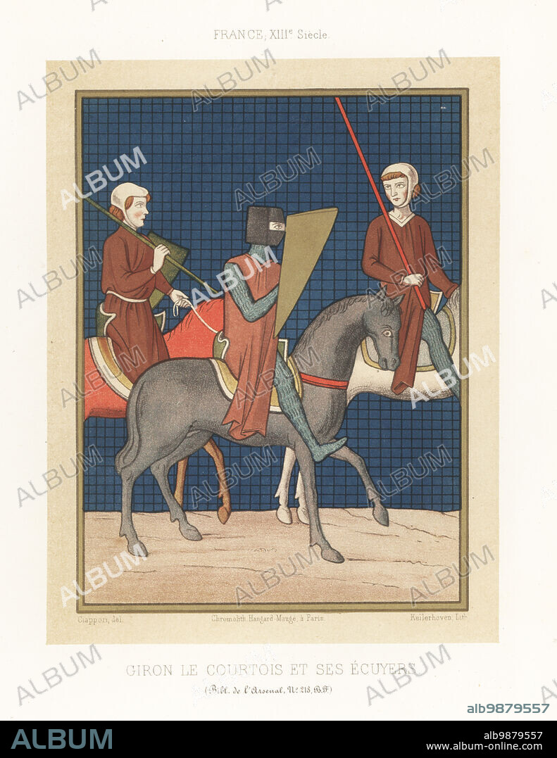 Guiron le Courtois and his equerries, 13th century. Knight in cylindrical helmet, chainmail armour hauberk, with gold buckler. Fictional knight of Arthurian legend and the French romance Palamedes. From MS 218, Bibliotheque de l'Arsenal. Giron le Courtois et ses ecuyers. France XIIIe Siecle. Chromolithograph by Franz Kellerhoven after an illustration by Claudius Joseph Ciappori from Charles Louandres Les Arts Somptuaires, The Sumptuary Arts, Hangard-Mauge, Paris, 1858.