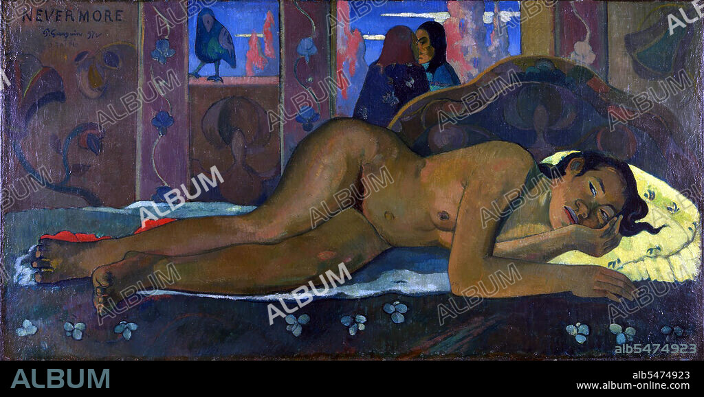 Nevermore is the most celebrated all of Gauguin’s Tahitian nudes, showing a fearful girl, turning away from what she believes to be a spirit, embodied in the raven on the windowsill. The raven and the picture’s title are direct references to the poem by Edgar Allan Poe, with its sinister refrain ‘Quoth the Raven, “Nevermore”.’ Paul Gauguin was born in Paris in 1848 and spent some of his childhood in Peru. He worked as a stockbroker with little success, and suffered from bouts of severe depression. He also painted. In 1891, Gauguin, frustrated by lack of recognition at home and financially destitute, sailed to the tropics to escape European civilization and 'everything that is artificial and conventional'. His time there, particularly in Tahiti and the Marquesas Islands, was the subject of much interest both then and in modern times due to his alleged sexual exploits. He was known to have had trysts with several  native girls, some of whom appear as subjects of his paintings. Gauguin died on 8 May 1903 and is buried in Calvary Cemetery (Cimetière Calvaire), Atuona, Hiva ‘Oa, Marquesas Islands, French Polynesia.