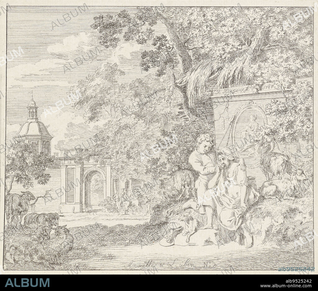 Pastoral scene with a crying shepherdess comforted by a young man. In the background horsemen at a city gate, Couple at a classical monument and a city gate Anette and Lubin., print maker: Hendrik Hoogers, (mentioned on object), Nijmegen, 1787, paper, etching, h 155 mm × w 179 mm.