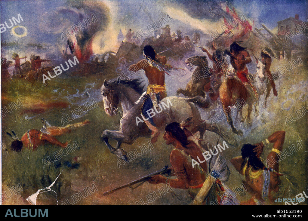 The Siege of New Ulm, Minnesota, 19 August 1862. Attack by Sioux tribesman from nearby reservation on town of 900 settlers. After painting by Heinrich Augustus Schwabe (1843-1916). Dakota War Native American Battle USA.