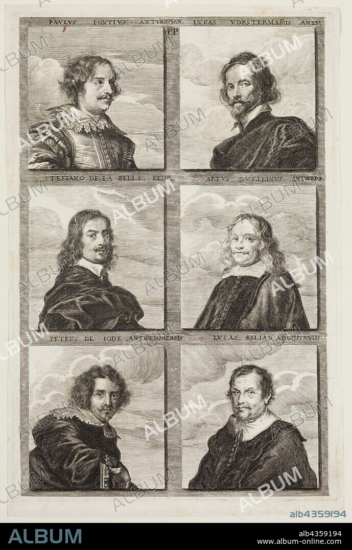 Jacob von Sandrart, German, 1630-1708, Portraits of Stefano della Bella, Paul Pontius, Lucas Vorsterman, Artus Quellinus, Peter de Jode, and Lucas Kilian, ca. 1683, engraving printed in black ink on laid paper, Plate: 12 1/2 × 8 1/4 inches (31.8 × 21 cm).
