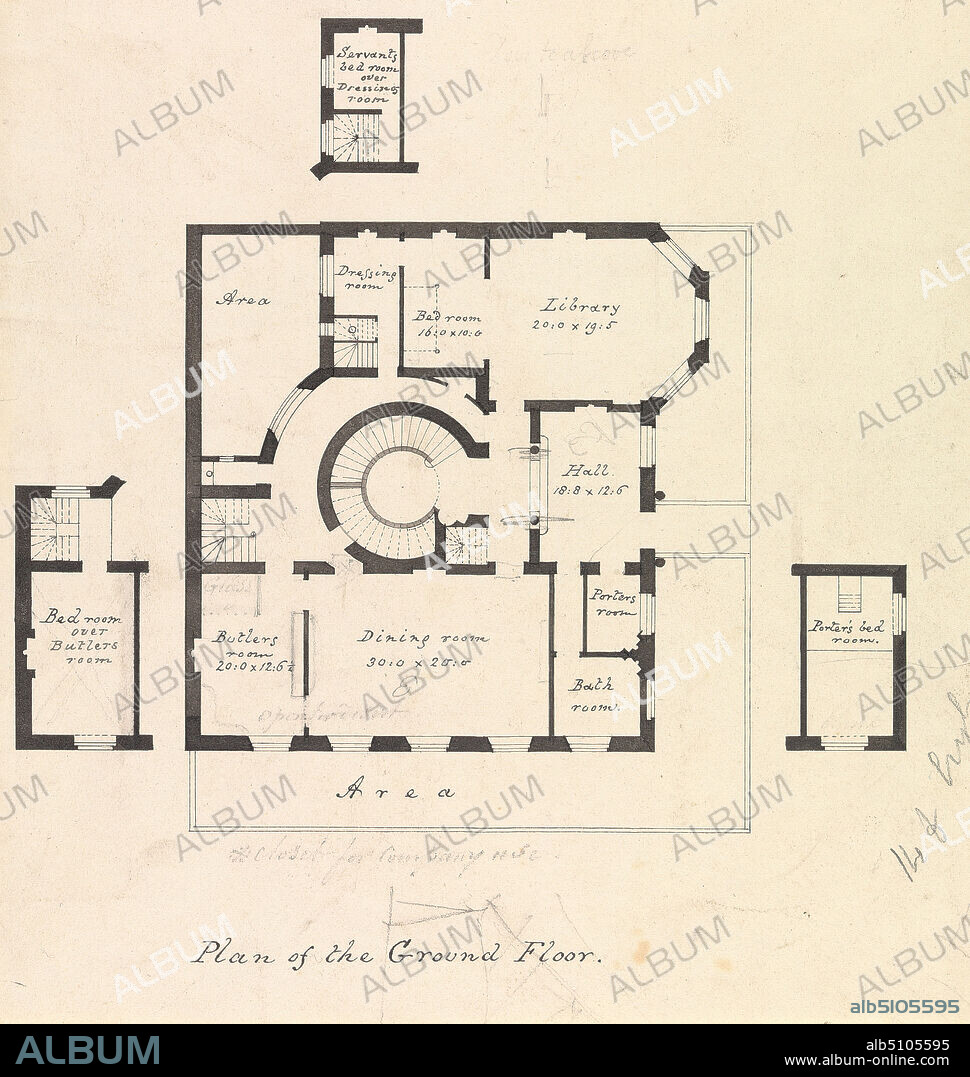 Adrian Hope's House I: Plan of the Ground Floor, Henry Phillip Hope, active 17991818, undated, Pen and black ink, graphite on slightly textured, medium, cream wove paper, Sheet: 8 3/8 × 7 11/16 inches (21.3 × 19.5 cm), architectural subject.