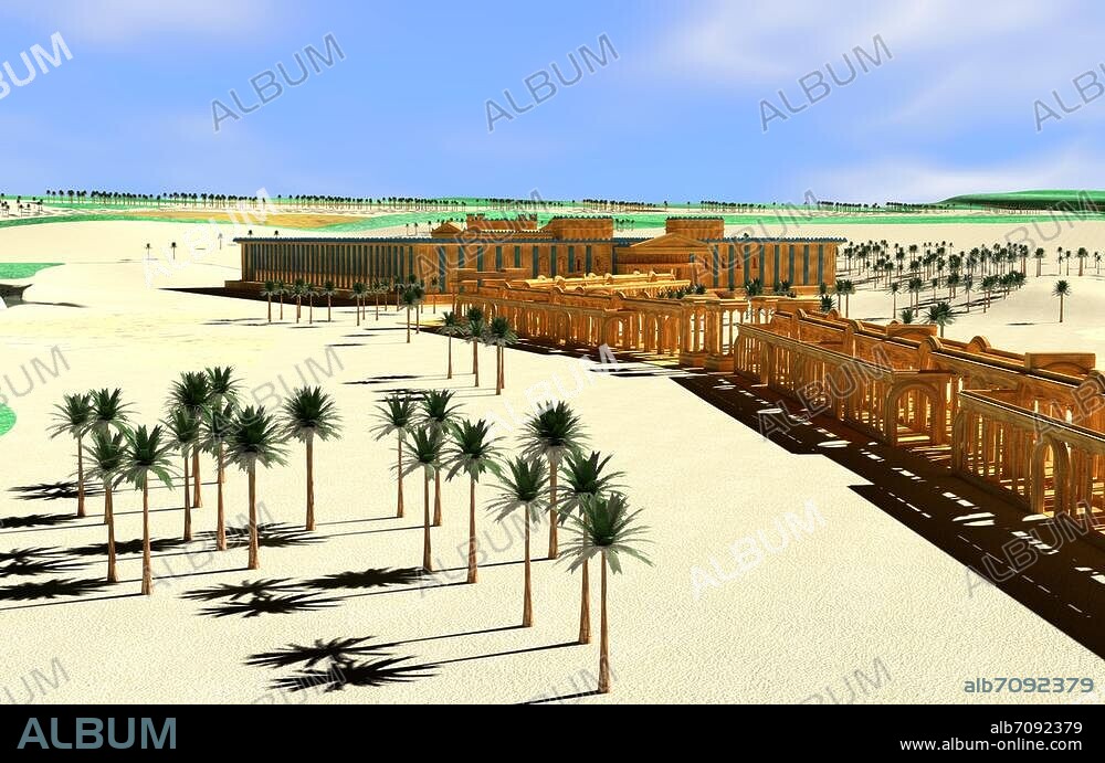 Palmyre (oasis du désert de Syrie, à 210 km au nord-est de Damas, près de la ville moderne de Tadmor ; site classé patrimoine mondial de l'UNESCO depuis 1980, puis classé " en péril " pendant la guerre civile syrienne. Le 30 août 2015, le site a été détruit à l'explosif par l'État islamique). Le temple de Baal (Bel) construit aux 1er et 2e siècles ap. J.-C et la Grande Colonnade (partant du temple, cette rue à colonnades, qui correspond à l'ancien Decumanus, conduit au reste de la ville antique). Reconstitution 3D (2016).