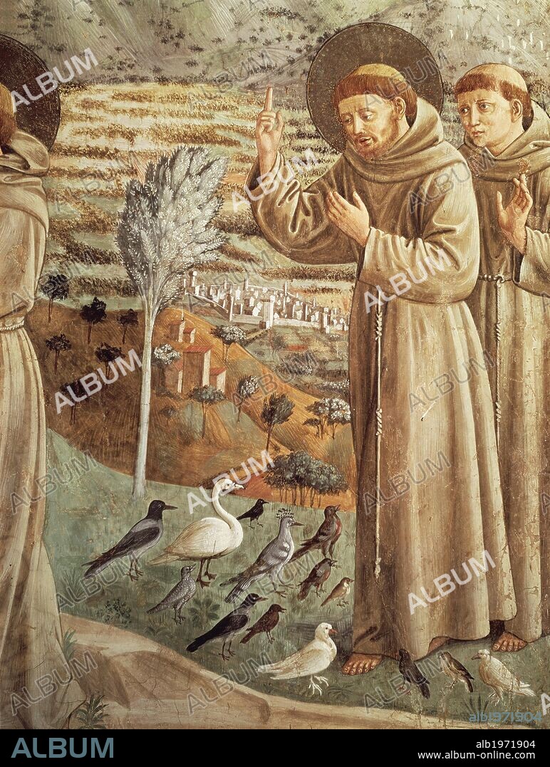 Stories from the life of St Francis, preaching to the birds (1452), Cycle of frescoes by Benozzo Gozzoli (1421-1497), apsidal tribune, Church of St Francis, Montefalco, Umbria. Italy, 15th century.