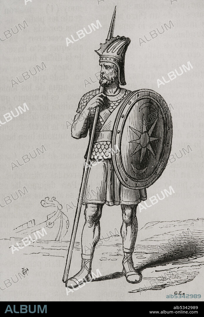 Ancient history. Phoenician warrior. Engraving. Historia General de España by Father Mariana. Madrid, 1852.