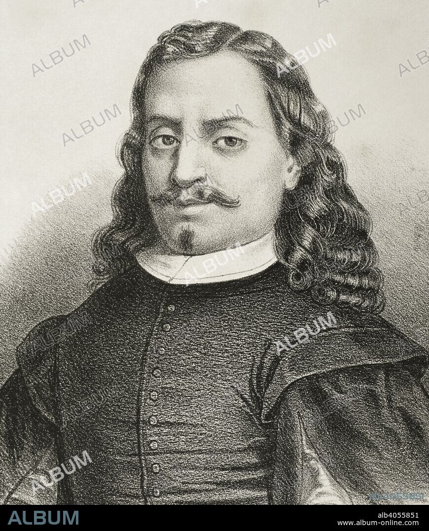 Bartolomé Esteban Murillo (1618-1682). Pintor barroco español. Dibujo por Letre. Litografía. Retrato, detalle. Crónica General de España, Historia Ilustrada y Descriptiva de sus Provincias. Andalucía, 1867. Biblioteca Histórico Militar de Barcelona, Cataluña, España.