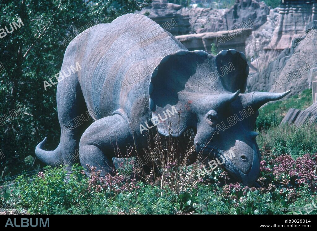 Reconstruction of a Triceratops, grazing on plants in the Calgary Zoo's Prehistoric Park in Alberta, Canada.