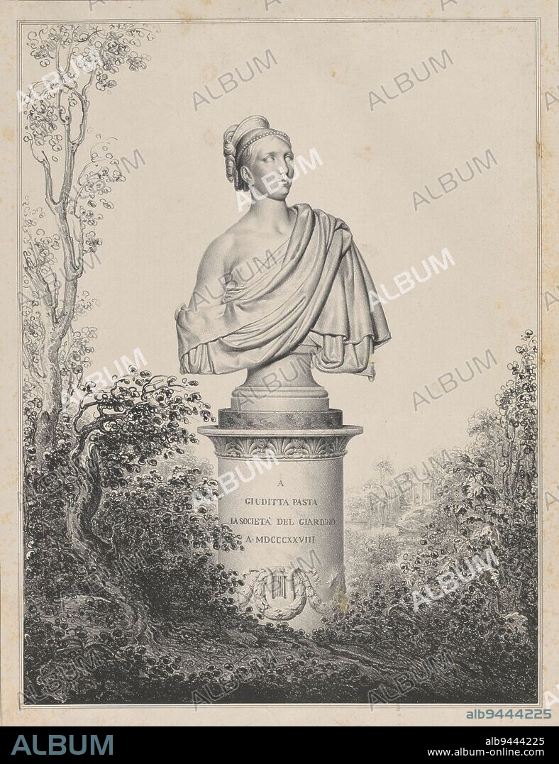 Landscape with the tomb for the opera singer Giuditta Pasta The monument consists of a base with a portrait bust of Giuditta Pasta on top, Tomb of opera singer Giuditta Pasta, print maker: Michele Bisi, (mentioned on object), printer: Vassalli, print maker: Italy, printer: Milaan, 1798 - 1874, paper, h 537 mm × w 392 mm.
