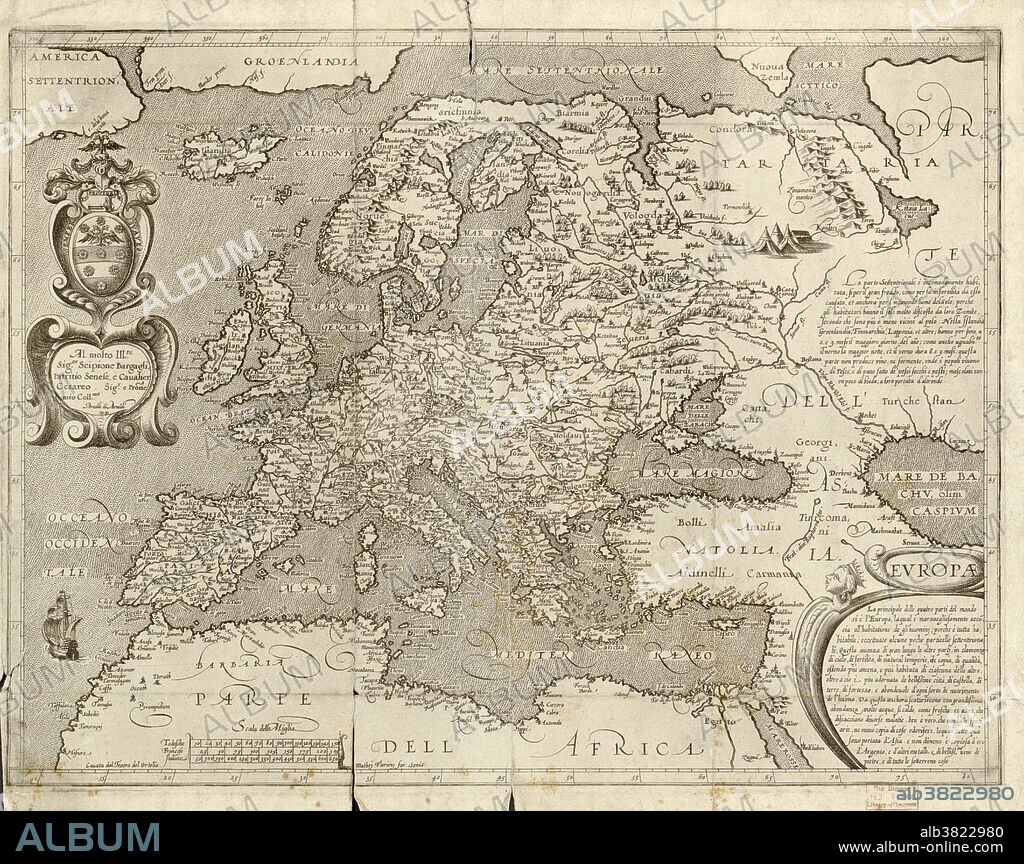 16th century map of Europe. Published in Sienna in 1600, this Italian map shows the latest knowledge of the geography of Europe. The writing is in Italian, and a dedication is given at upper left in a cartouche, along with the name of the cartographer, Arnoldo di Arnoldi (died 1602). Notes are given at far right, with the title at lower right. A scale bar is at lower left.