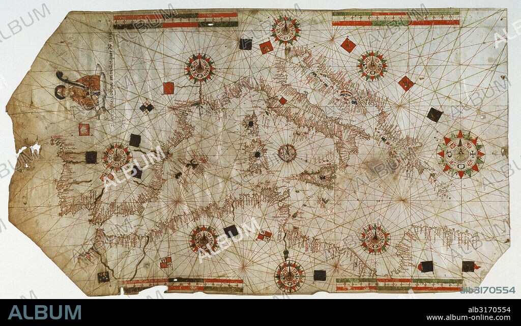 PORTULANO DEL MEDITERRANEO. Carta de navegación realizada por Bartolomeu OLIVES en el año 1538. Legado Espona. Obra original. Museu Marítim de Barcelona. Cataluña.