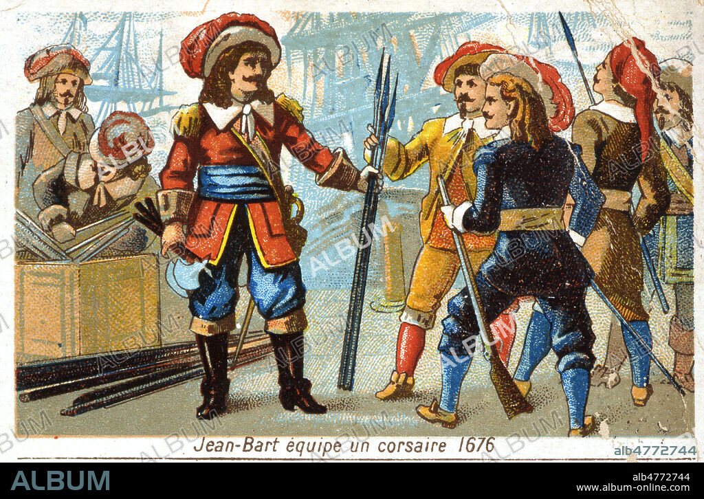 'Jean BART (1650-1702) equipe un corsaire 1676'. Chromo du 19eme s. Credit : Collection KHARBINE-TAPABOR.