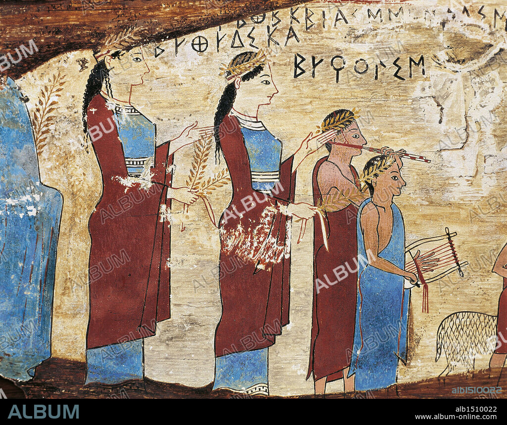 Greek civilization, 6th century b.C. Painted plaque depicting a nymph worship scene. From Pitsa, 520-500 b.C. Detail, procession with offering bearers, lyre and flute players, Greek inscription.