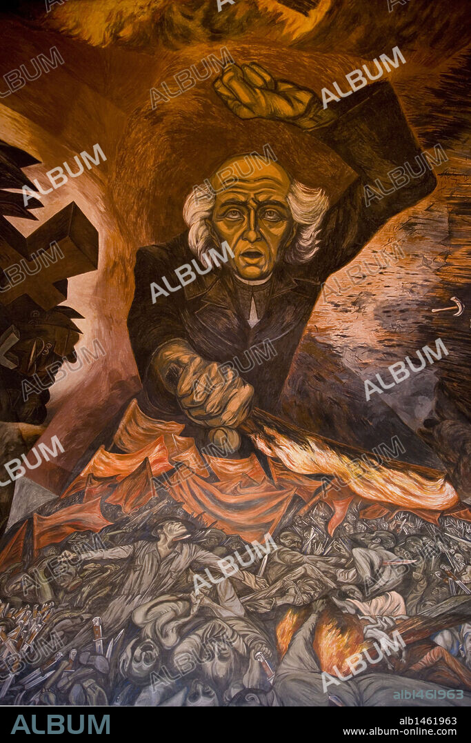 HIDALGO Y COSTILLA, Miguel (Corralejo, 1753-Chihuahua, 1811). Sacerdote y patriota mexicano. Proclamó la lucha contra los españoles, hecho conocido como el "GRITO DE DOLORES" (1810) que significó el inicio de la lucha por la independencia mexicana. MURAL de José Clemente OROZCO (1883-1949) de 1937. Palacio del Gobierno. GUADALAJARA. Estado de Jalisco. México.