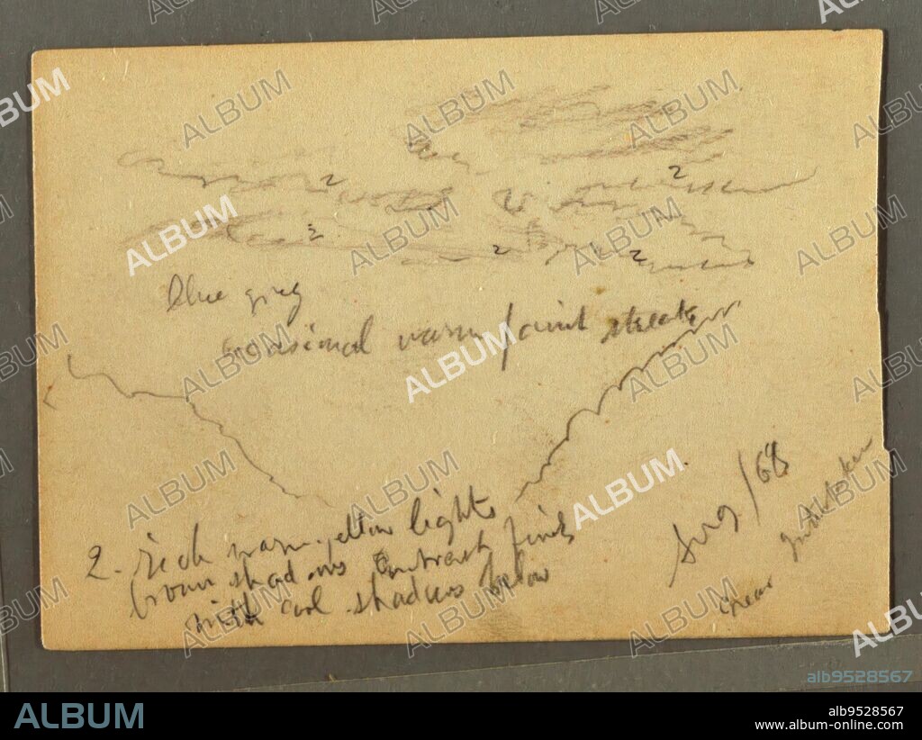 FREDERIC EDWIN CHURCH. Verso: Horizontal view of sky with clouds over mountain sides. Graphite on paper. Date: August 1868.