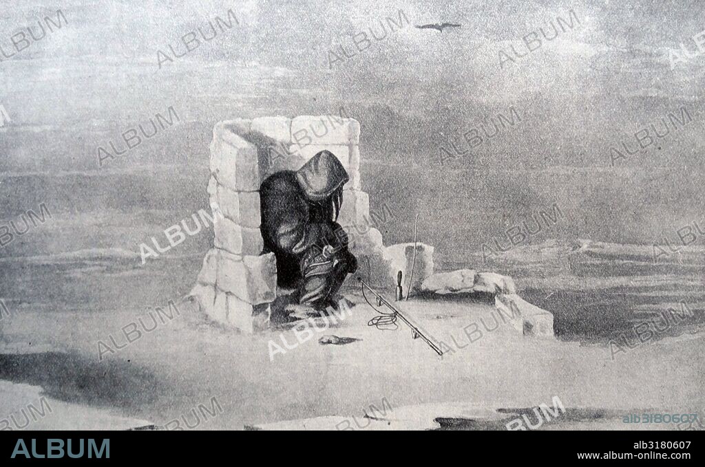 Engraving depicting an Inuit ice-fishing. Dated 19th Century.