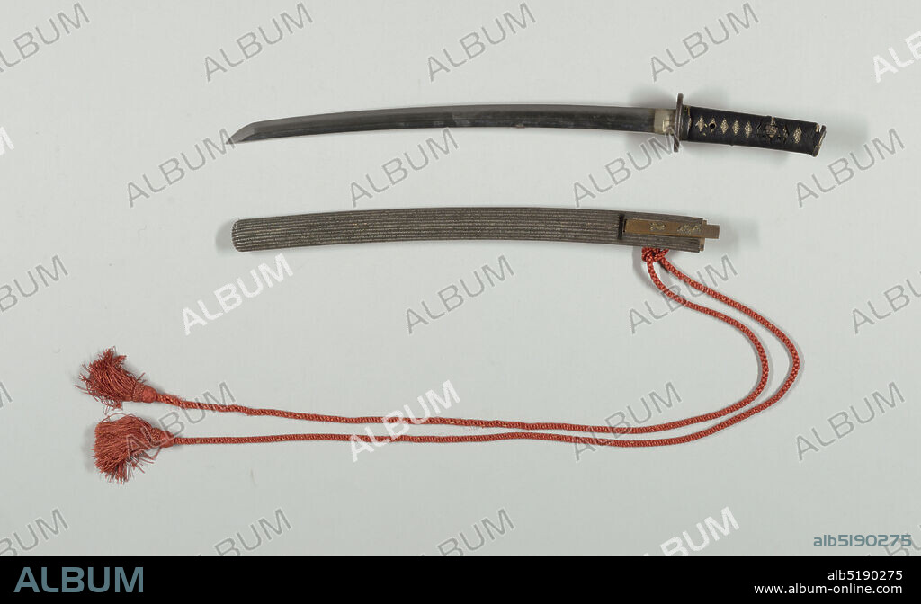 Scabbard and sword, Steel, cord, iron, silver, gold, shibuichi, Long steel blade with hilt wrapped spirally with black cord. Beneath cord, pebble-like texture. Pine-tree menuki. Oval tsuba of iron, silver, gold, and shibuichi. Design is a man and frog. Haliki silver plate. Fuchi-Kashira-bird of shibuichi and gold. Mark of tempering: HAMON, Gume Midare. The nakago is tong and has two holes., Yamato, Japan, 15961615, metalwork, Decorative Arts, Scabbard and sword.